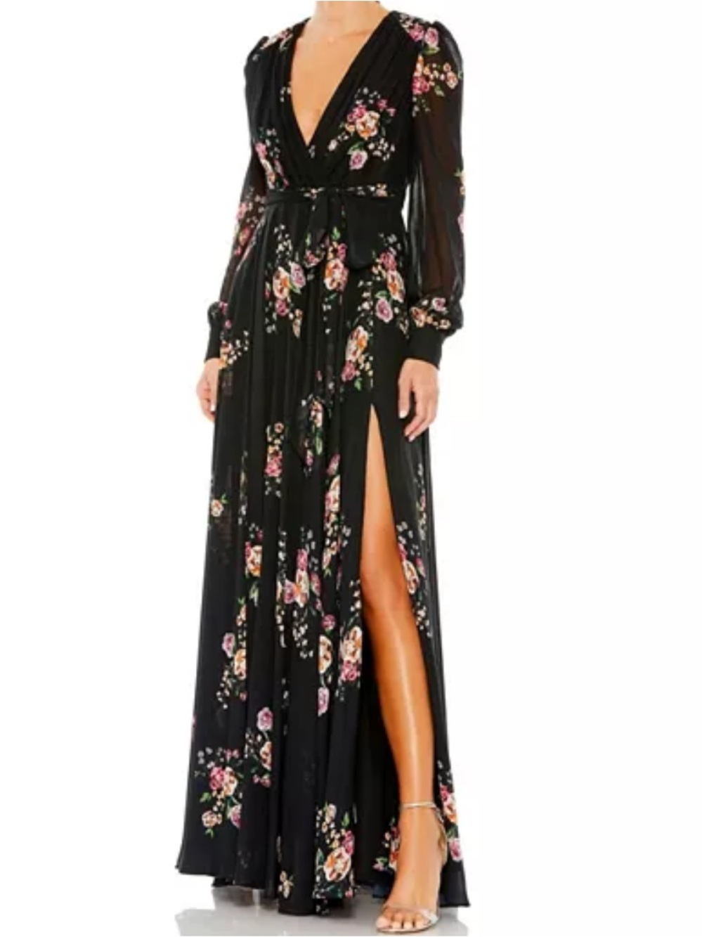 Ieena Mac Duggal Sz 6 Belted Black Floral Gown With Illusion Sleeves classic。